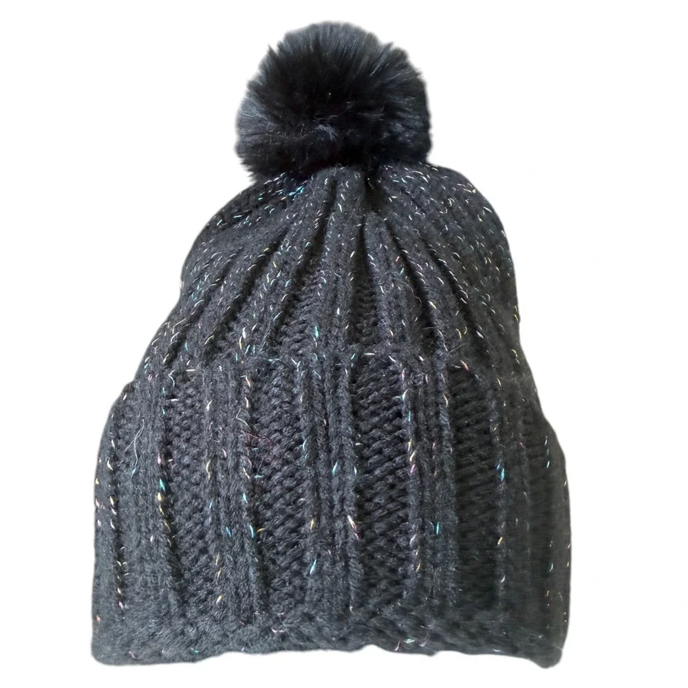 BP Black Metallic Pom Beanie Cozy Winter Streetwear‎ Y2K Sparkle Festival Hat